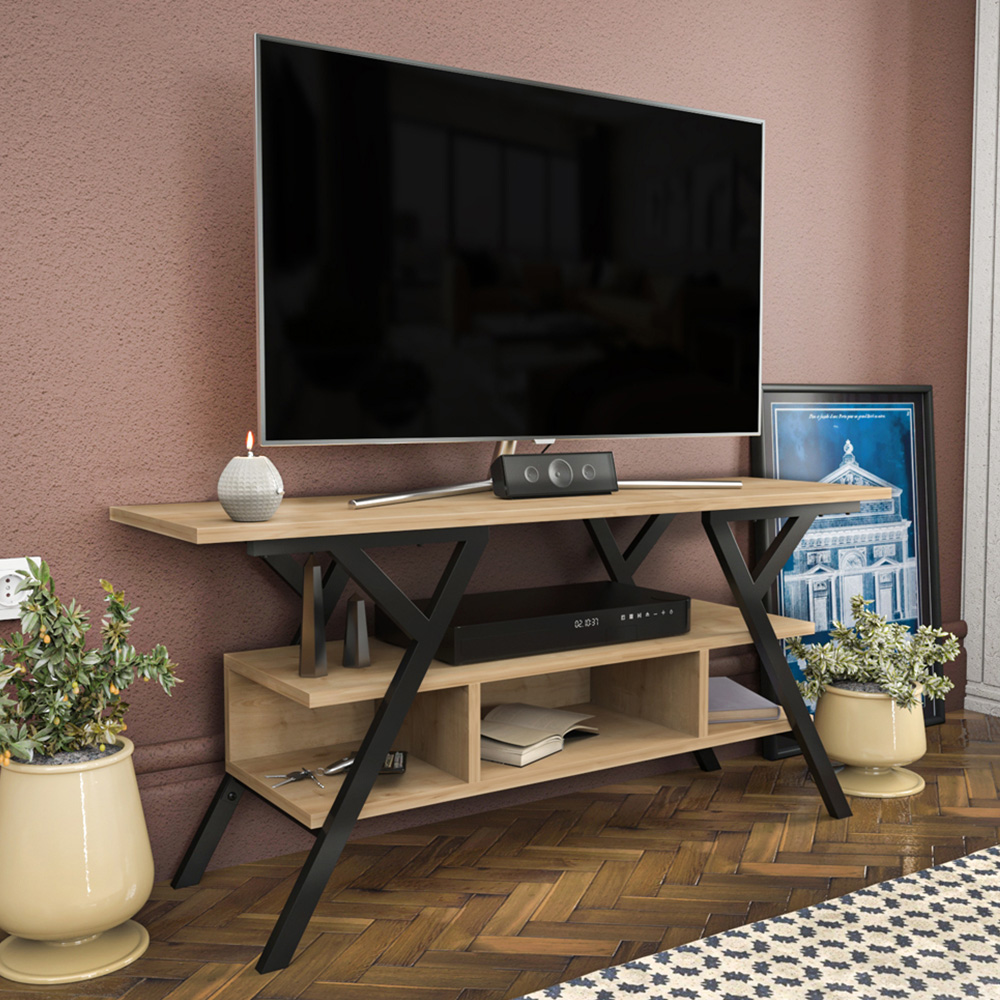 Decorotika Minerva Decorative 4 Open Shelf Black and Oak TV Unit Image 6