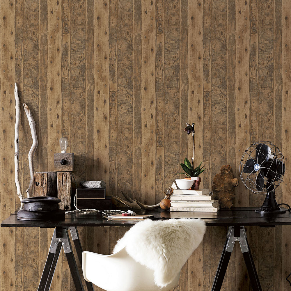 Galerie Grunge Wood Effect Brown Wallpaper Image 2