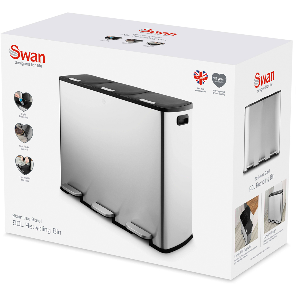 Swan Black Stainless Steel Triple Recycling Pedal Bin 90L Image 2