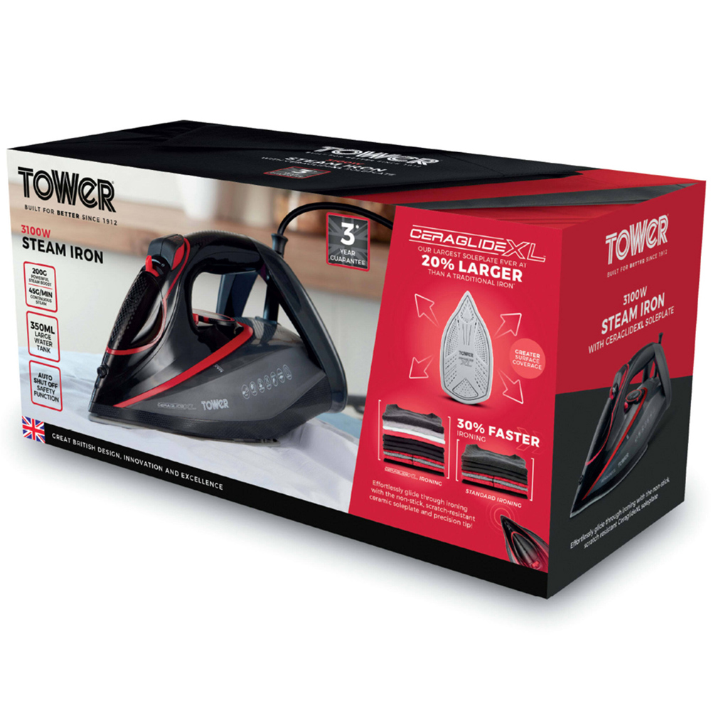 Tower Red and Black Steam Iron with Extra Large Sole Plate 3100W Image 2