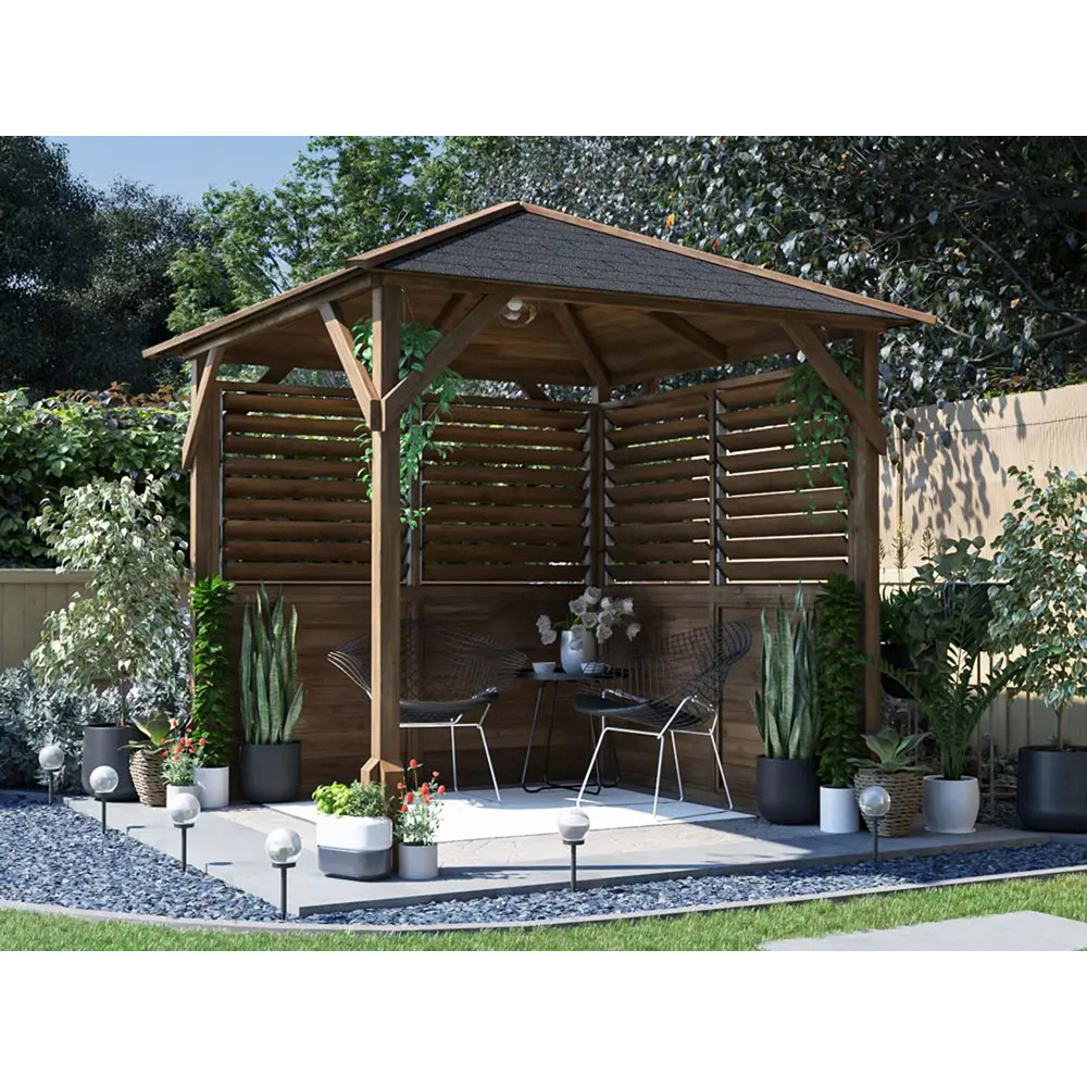 Dunster House Utopia 200 2 x 2m Brown Wooden Gazebo with Roof Shingles and Louvre Wall Image 3
