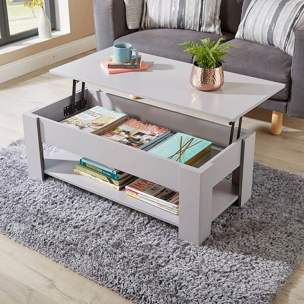 Home Source Orlando Single Shelf Grey Lift Up Storage Coffee Table Image 6