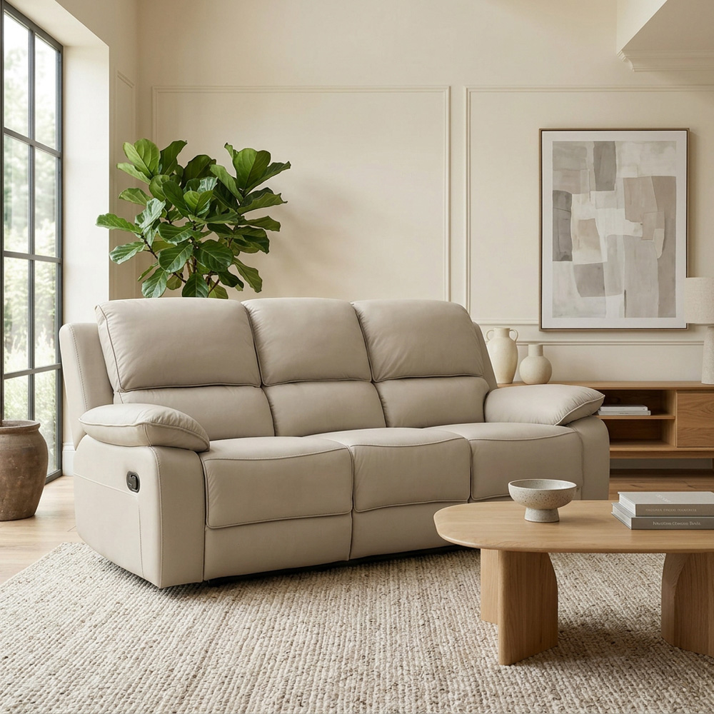 Salerno 3 Seater Light Grey Leather Manual Recliner Sofa Image 3