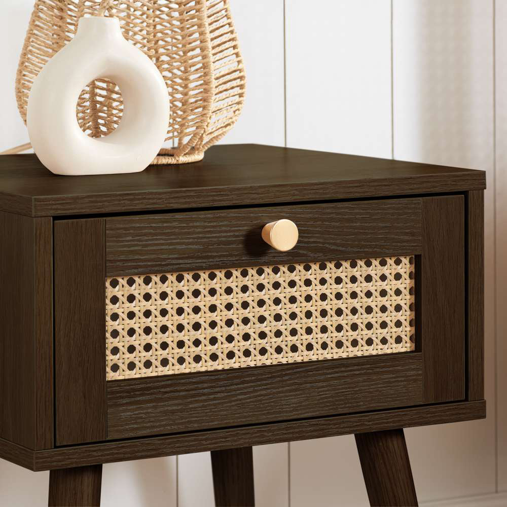 Birlea Croxley Walnut Single Drawer Rattan Bedside Table Set of 2 Image 5