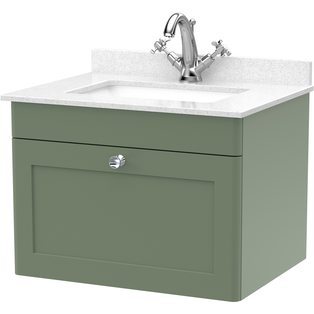 nuie Classique Single Drawer Satin Green Wall Hung Unit and 1 Tap Hole Marble Top Square Basin 600mm Image 1
