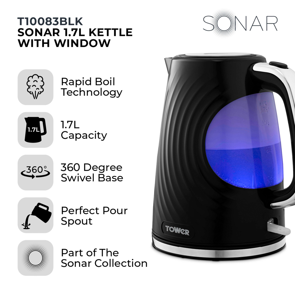 Tower Sonar EEJB341 Black 20L Microwave with 2 Slice Toaster and 1.7L Kettle Set Image 6
