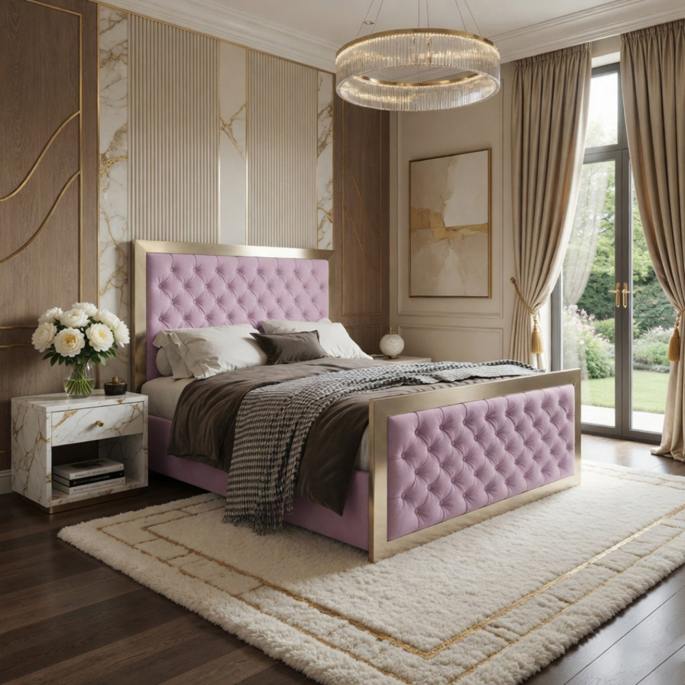 Maddison Pink King Size Velvet Upholstered Metal Bed Frame with Padded Headboard Image 5