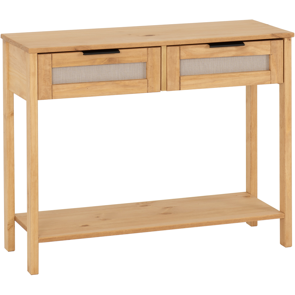 Seconique Corona Rattan 2 Drawer Distressed Wax Pine and Rattan Effect Console Table Image 2