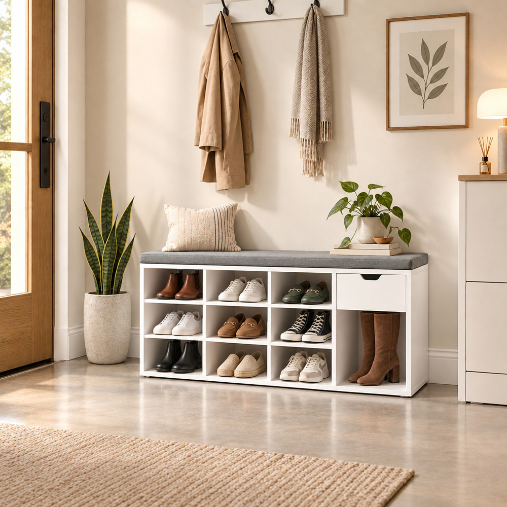 Modcraft Single Drawer 10 Shelf White and Grey Shoe Storage Bench with Cushion Image 6