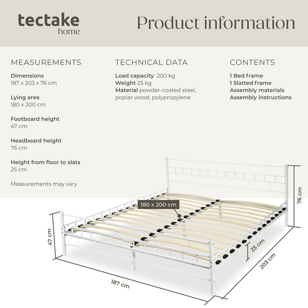 tectake King Size White Metal Bed Frame with Slatted Base Image 8