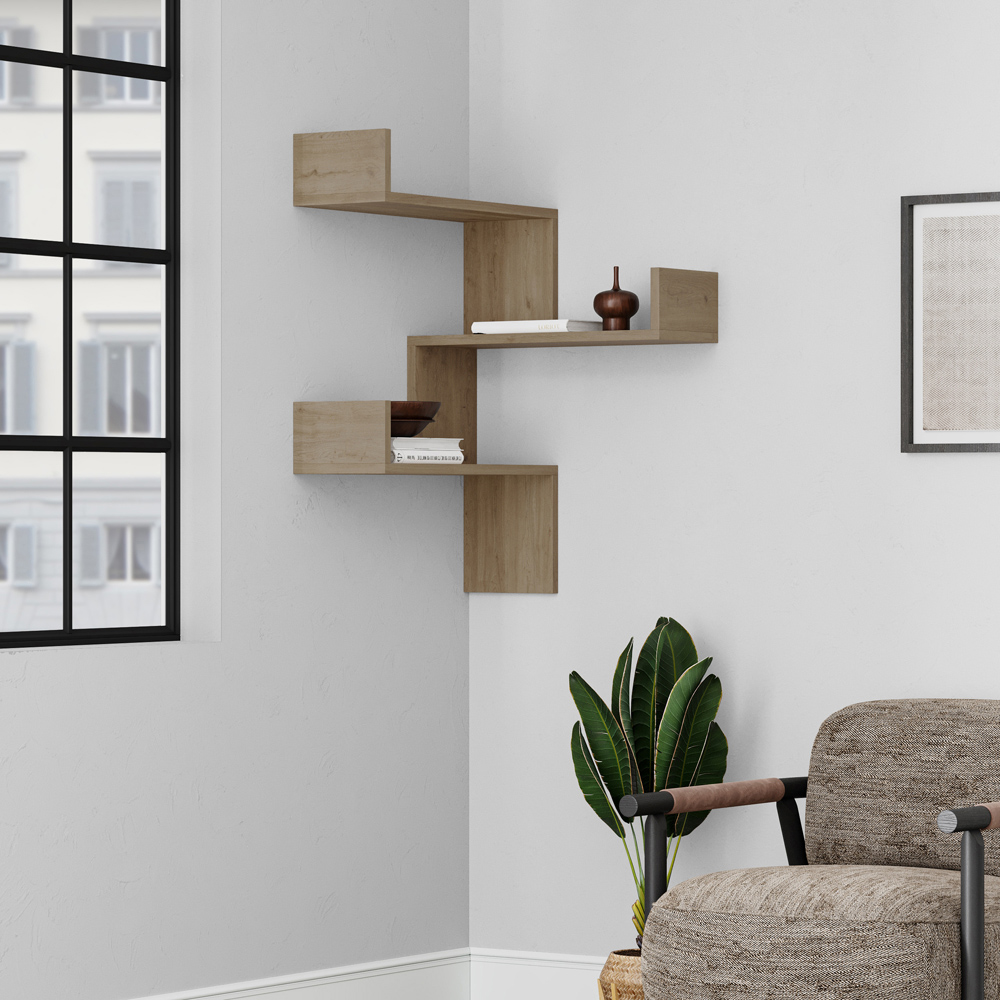 Decortie Luksa 3 Shelf Zigzag Wall Mounted Design Oak Effect Corner Bookcase Image 3