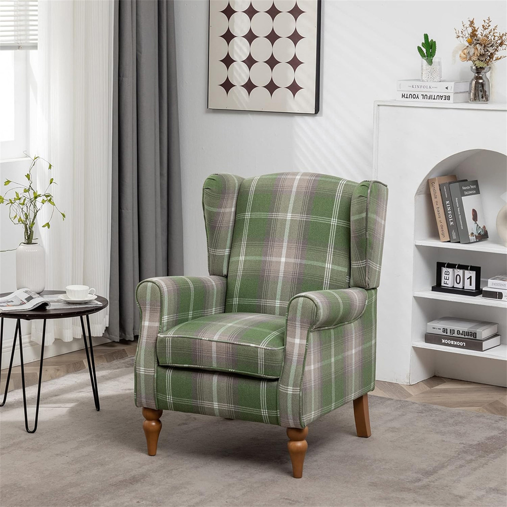 Furniture One Green Check Fabric Wing Back Fireside Armchair Image 3