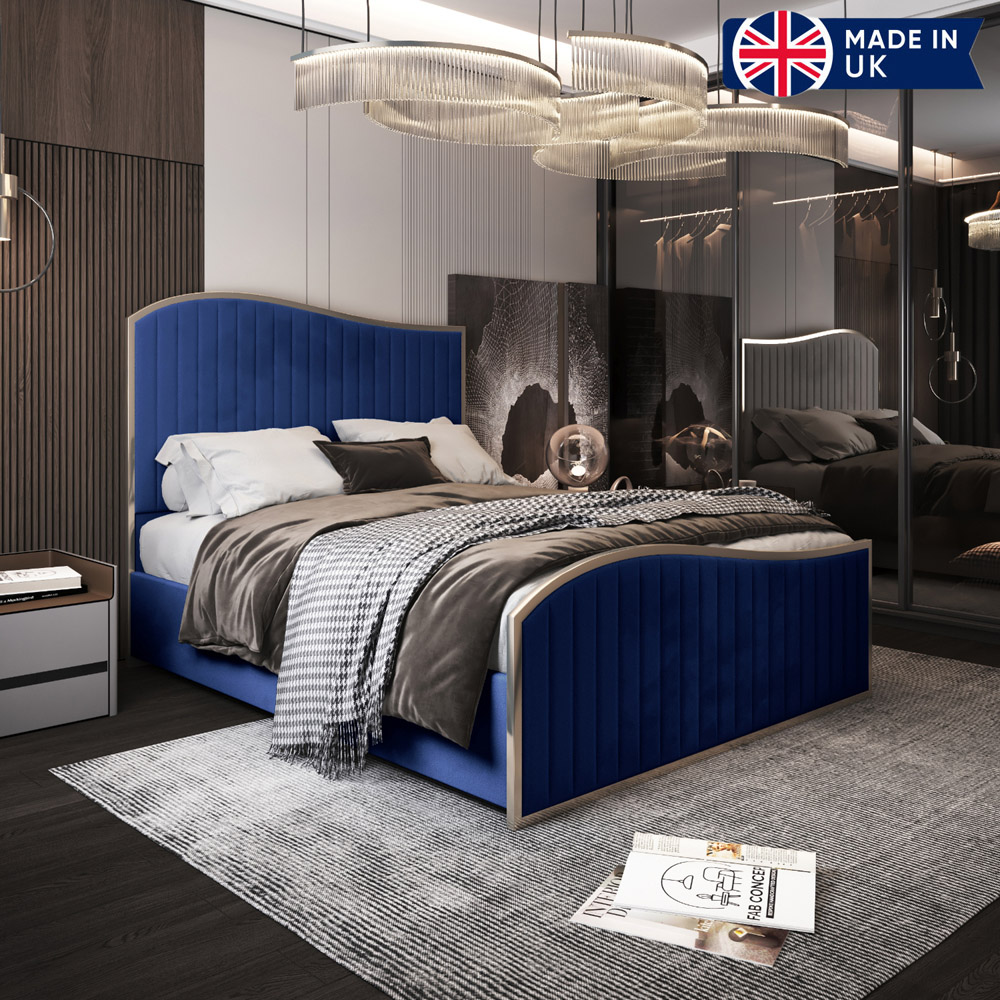 Brixton Blue Small Double Velvet Upholstered Metal Bed Frame with Wave Headboard Image 6