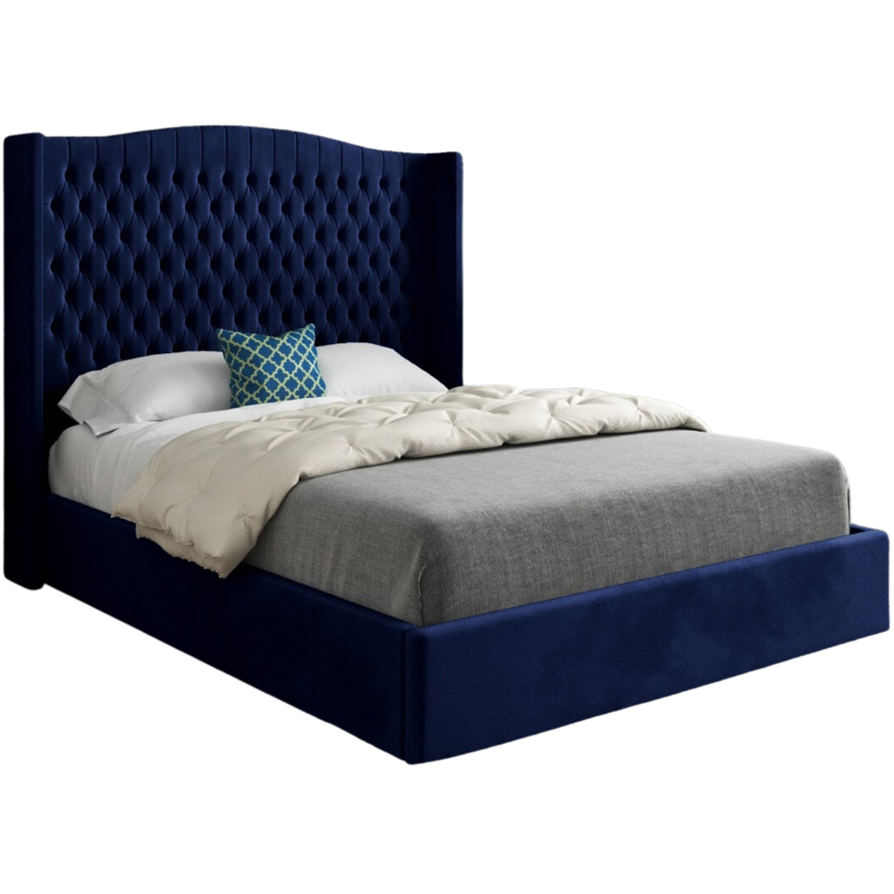 Rana Small Single Blue Soft Velvet Upholstered Bed Frame with Curved Top Winged Headboard Image 2
