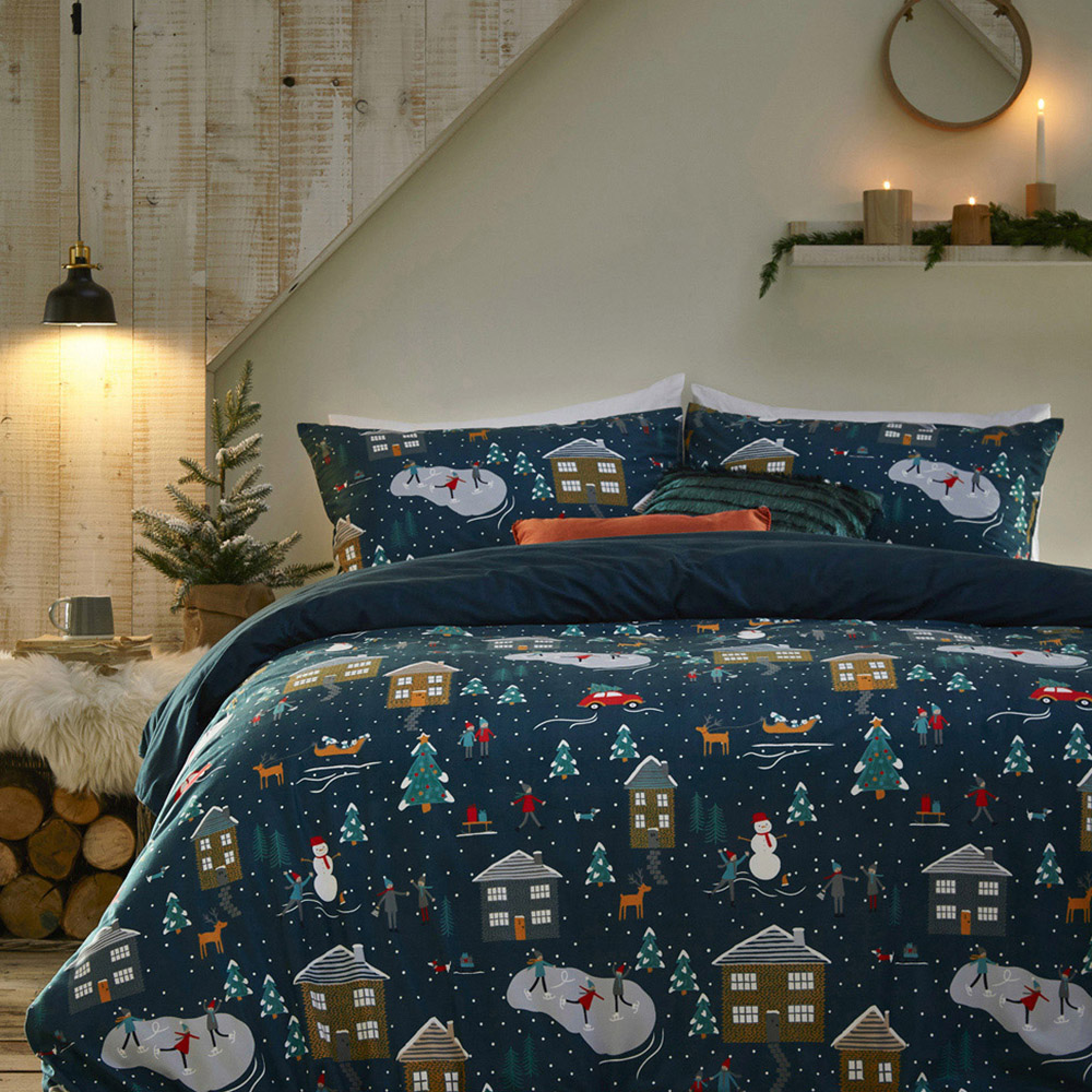 furn. Winter Pines Double Navy Pyjama Fleece Duvet Cover Set Image 1
