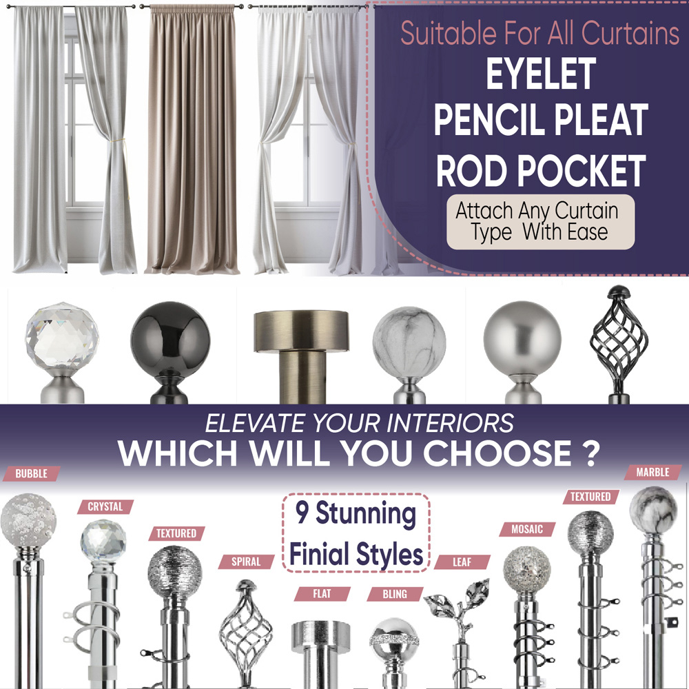 Home Treats 40 to 144cm Extendable Satin Nickel Metal Round Curtain Pole Image 8