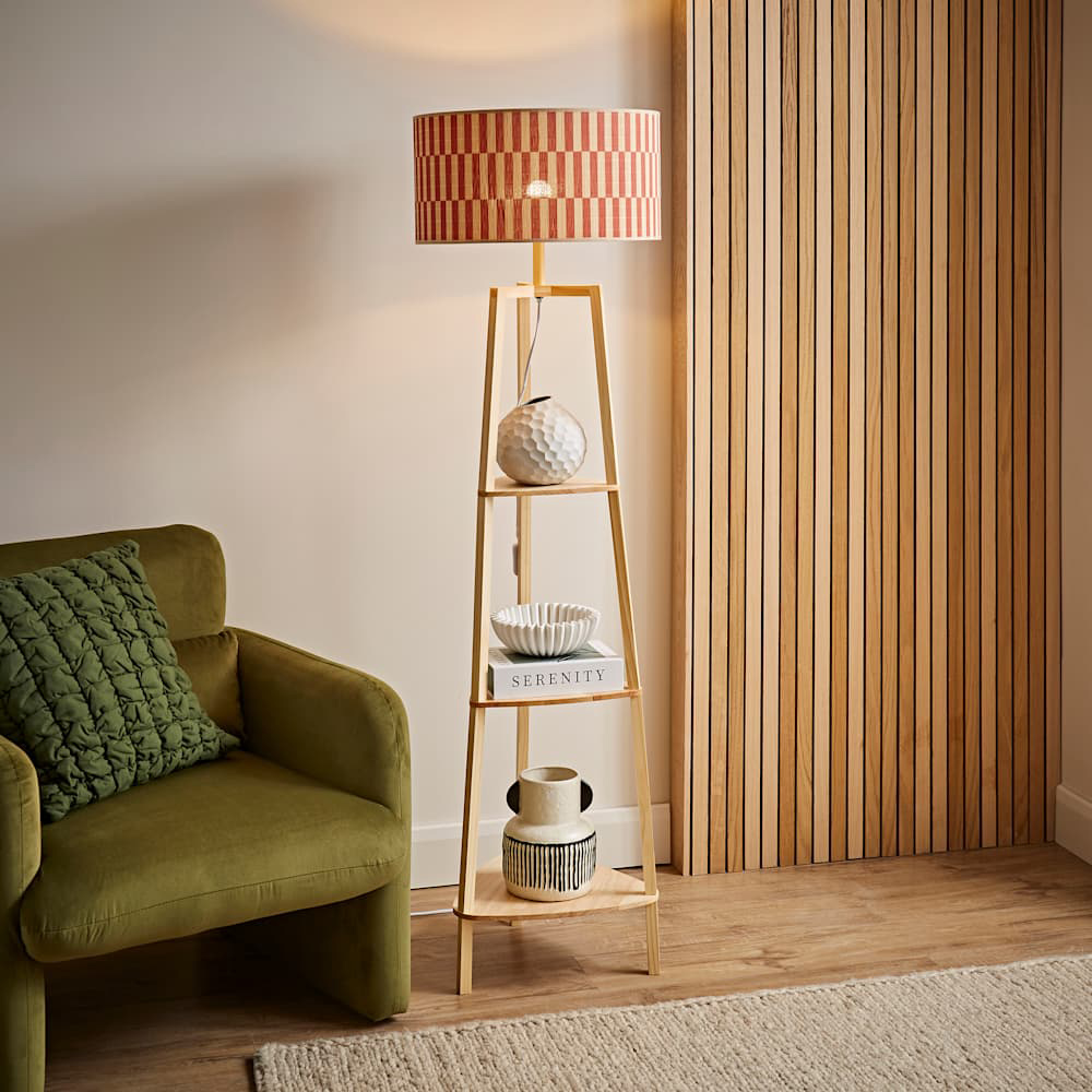 ValueLights Hiru Orange Checkerboard Bamboo Shade Shelf Tripod LED Floor Lamp with Bulb Image 3