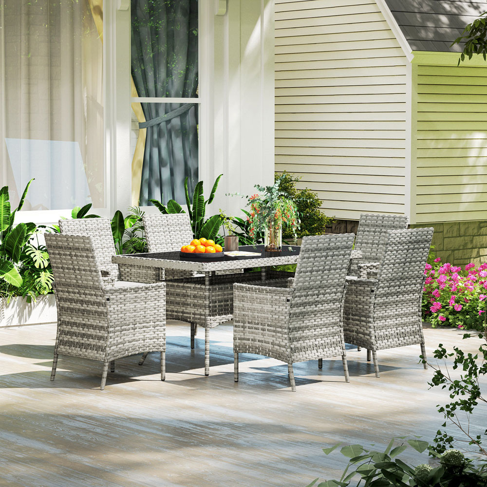 Outsunny 6 Seater Mixed Grey Rattan Garden Dining Set with Cushions Image 4