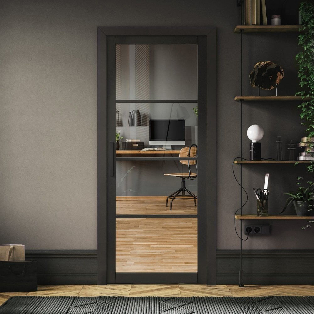 Jet Black Fully Finished Industrial Studio 4 Light Clear Glass Internal Door 1981 x 381 x 35mm Image 2
