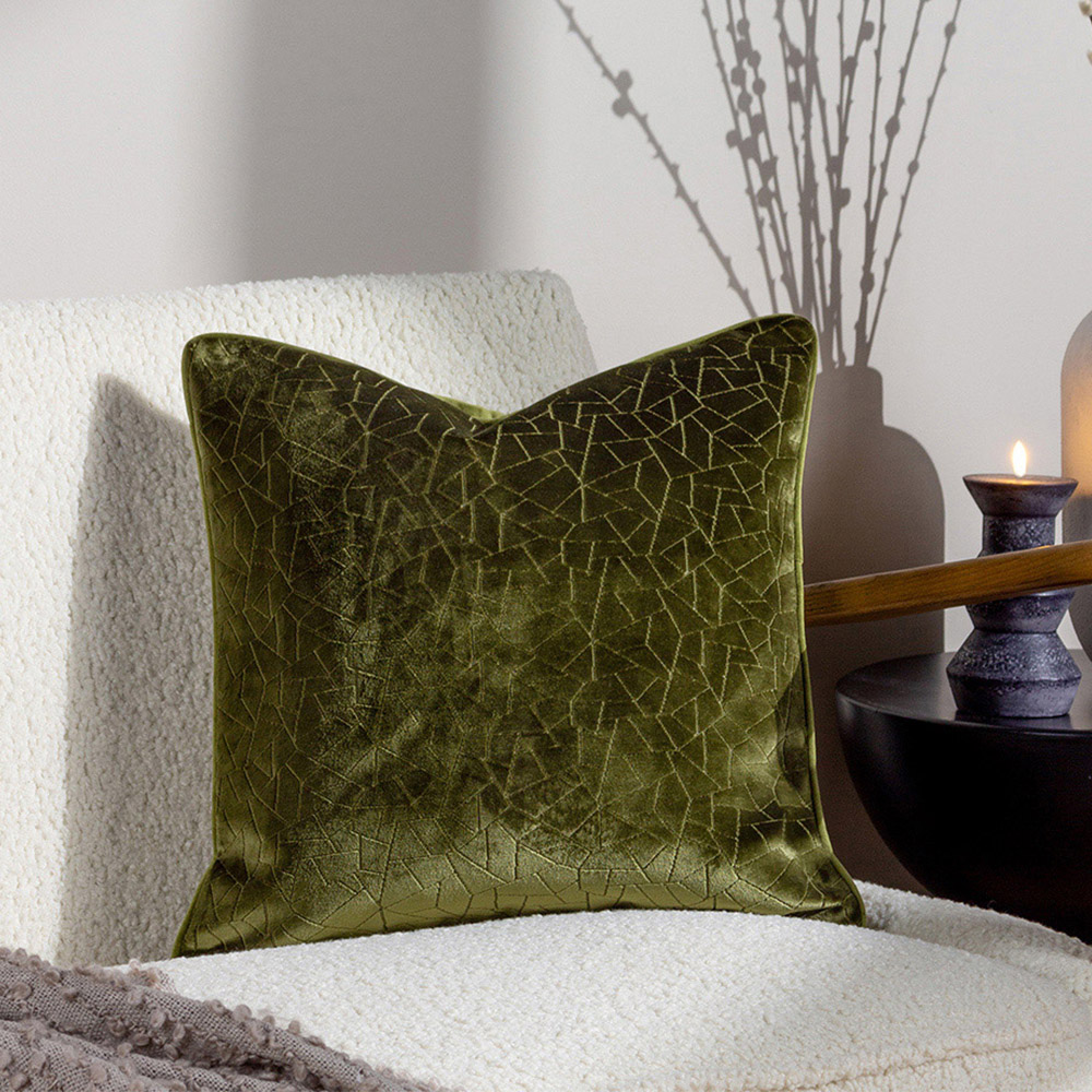 Hoem Malans Olive Cut Velvet Piped Cushion Image 2