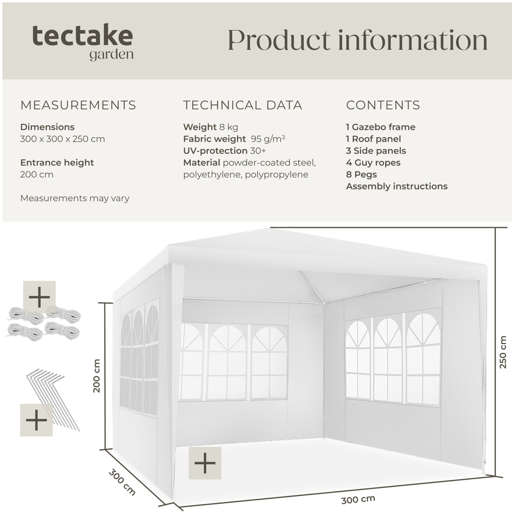 tectake Barinas 3 x 3m White Water Resistant Gazebo with 3 Side Panels Image 9