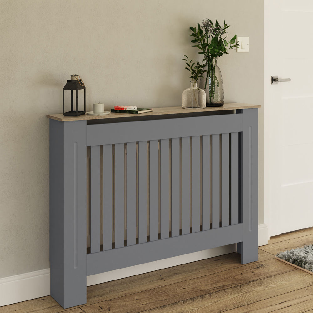 GFW Longslow Grey and Oak Vertical Slat Radiator Cover Medium Image 2