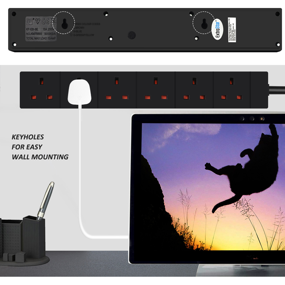 ExtraStar 6 Way 13A Black Extension Lead 3m Image 2