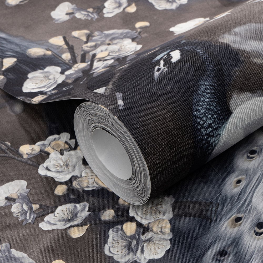 Erismann Opulent Peacock Floral Black Wallpaper Image 2