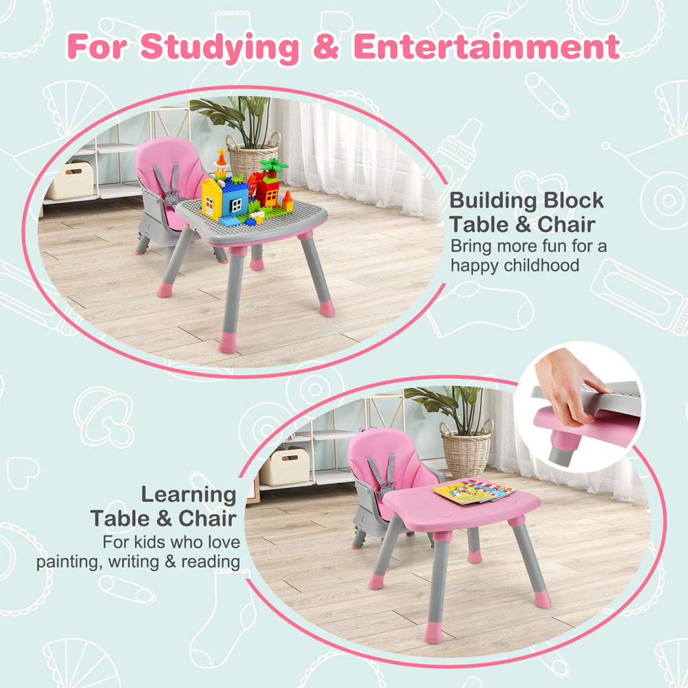 Costway Grey and Pink 6 in 1 Baby Highchair with Removable Tray Image 2