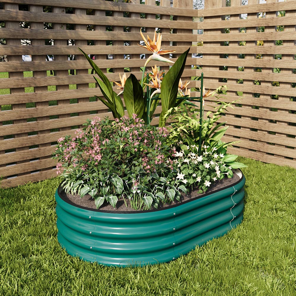 Living and Home Green Oval Galvanised Steel Raised Garden Bed with Flower Stand 120 x 80cm Image 2