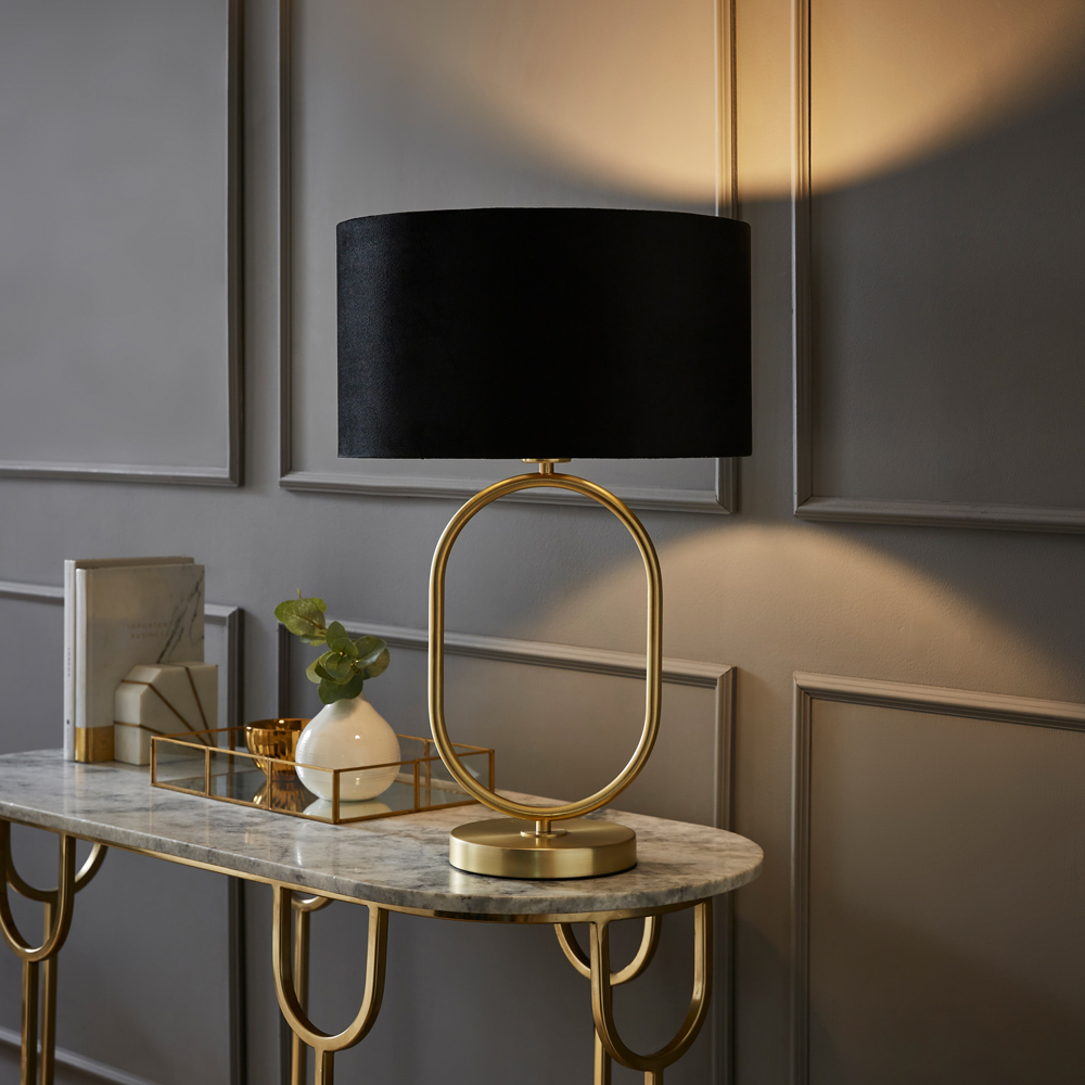ValueLights Antonia Black Velvet Drum Shade Brushed Gold Oval LED Table Lamp Image 2