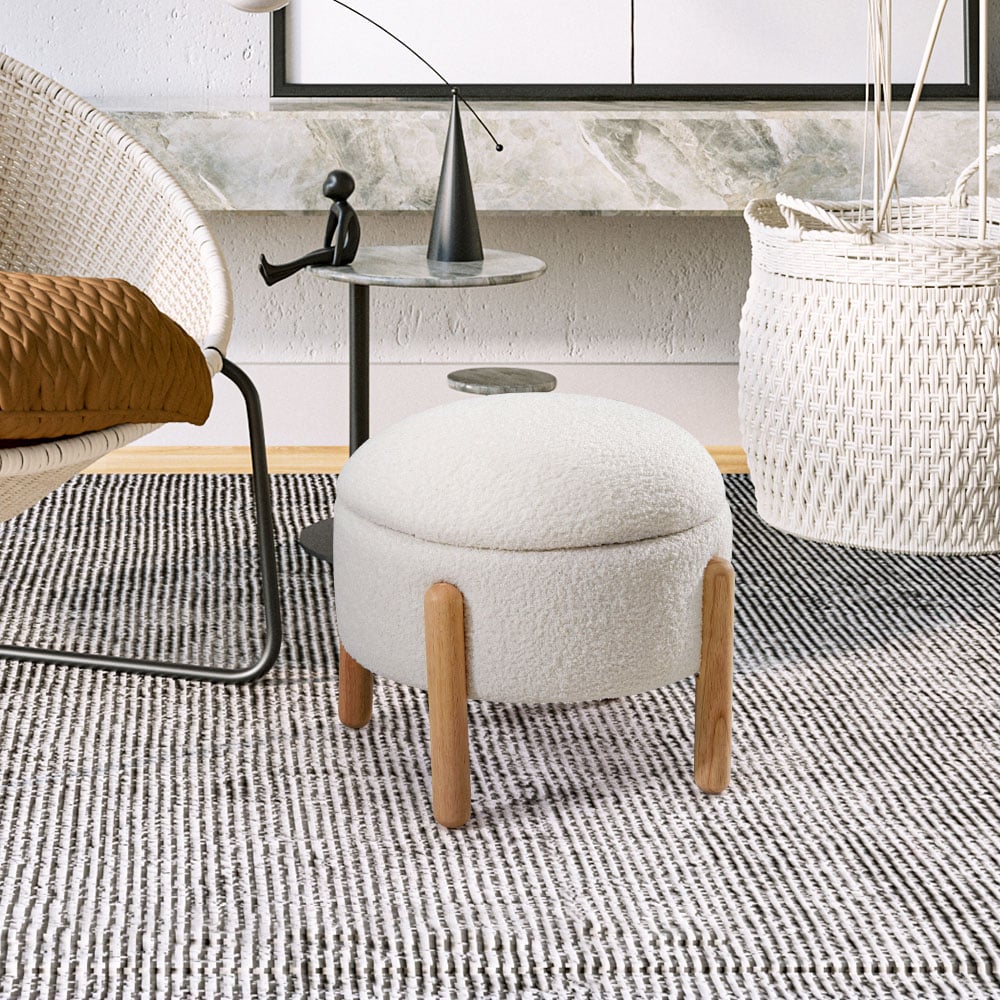 Living and Home White Round Teddy Fleece Storage Ottoman with Removable Lid Image 7