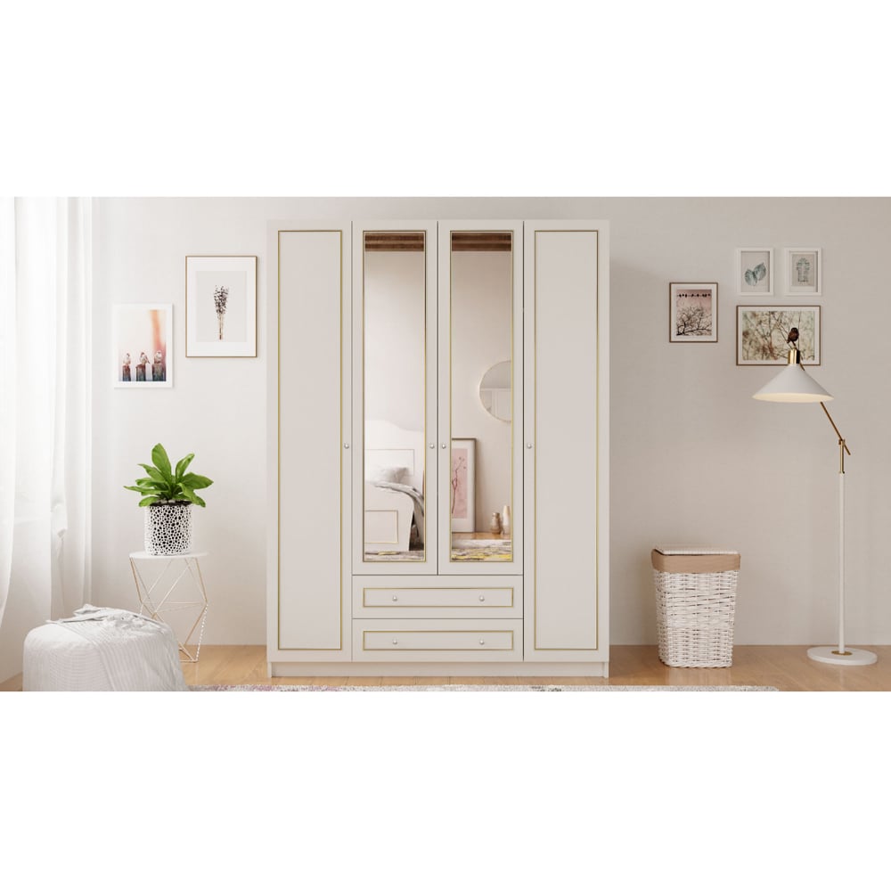 Evu MARIE 4 Door 2 Drawer Gold and White XL Mirrored Wardrobe Image 5