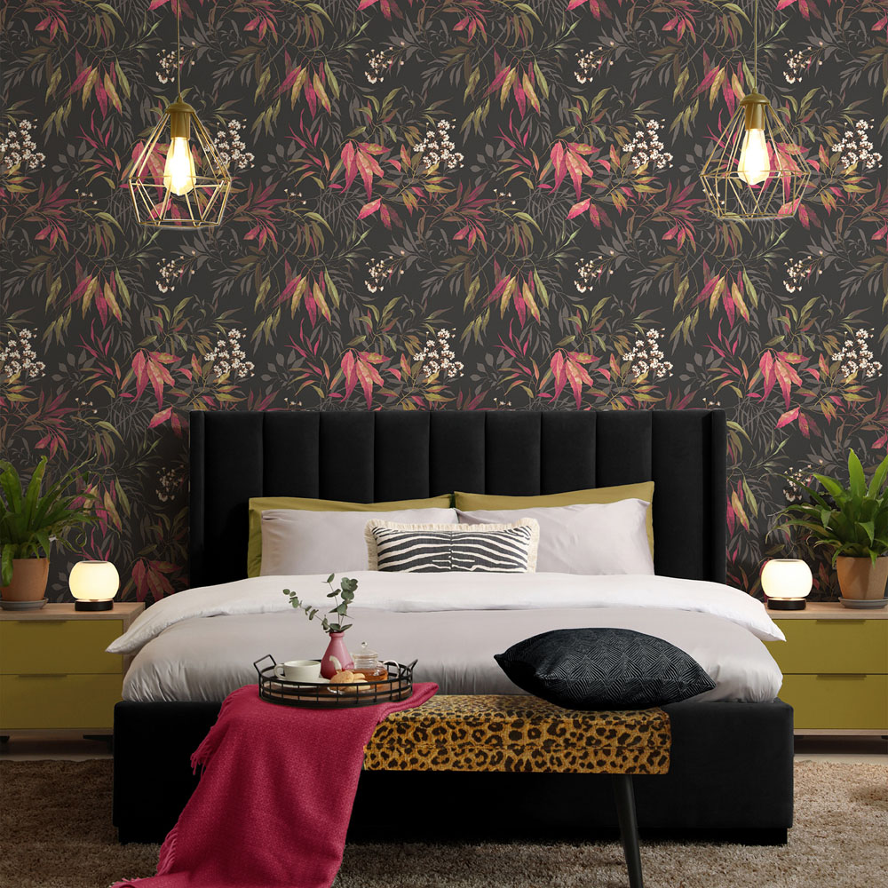 Belgravia Decor Kanata Leaf Pink and Charcoal Wallpaper Image 2