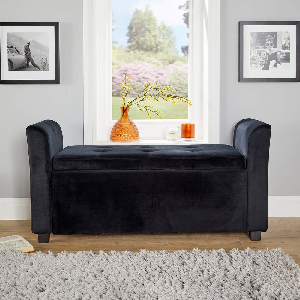 Home Source Verona Black Velvet Sleigh Style Window Seat with Storage Image 6