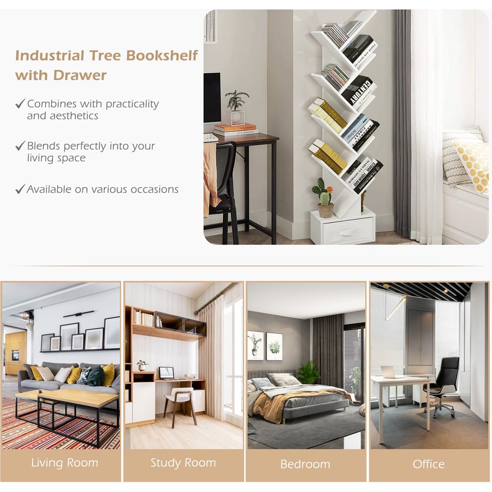 Costway Single Drawer 10 Shelf White Tree Bookshelf Image 9