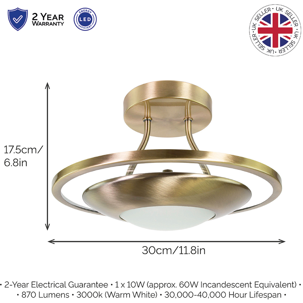 Happy Homewares Antique Brass LED Semi Flush Ceiling Light Image 7