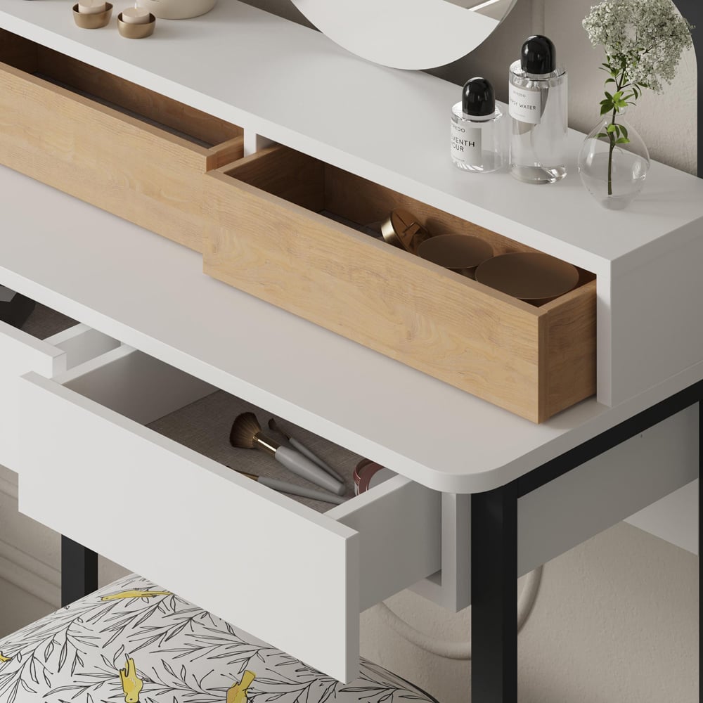 Decortie Lora 4 Drawer White Sapphire Oak Dressing Table with LED Mirror Image 3