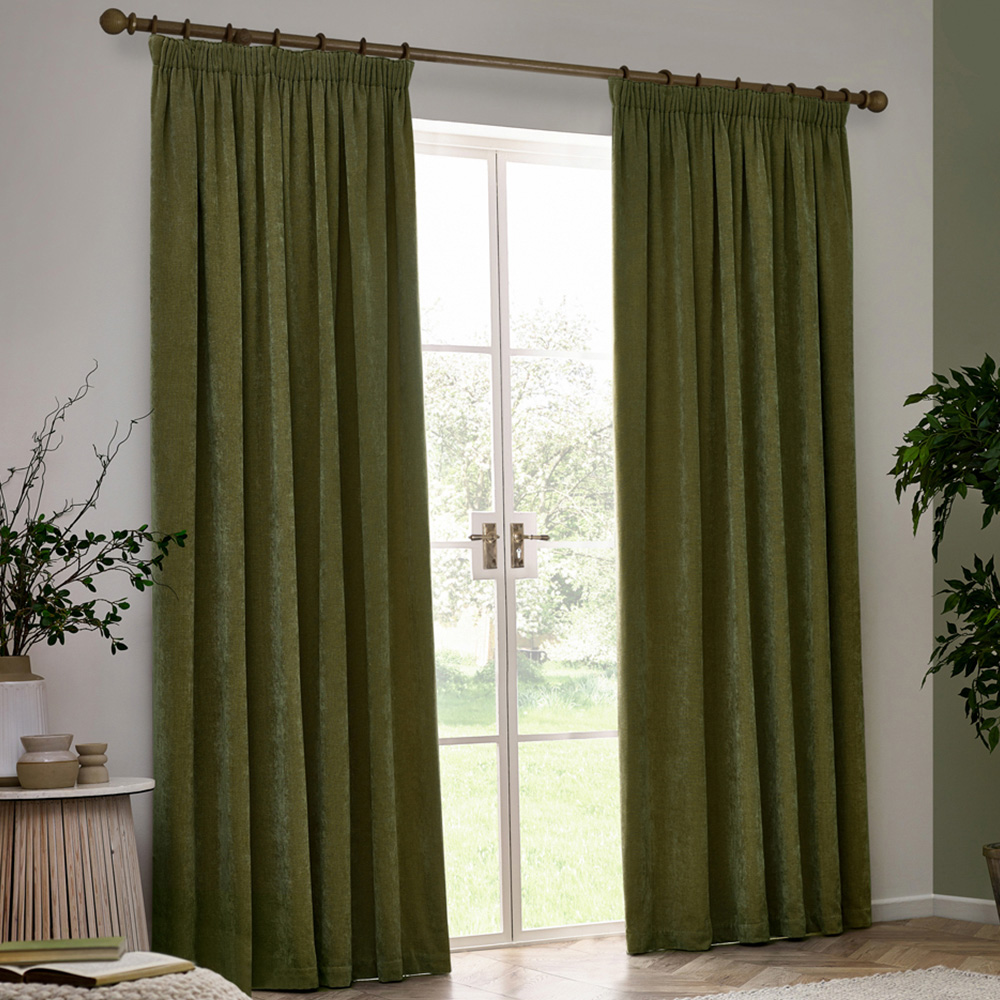 Yard Heavy Olive Chenille Velvet Pencil Pleat Curtains 229 x 137cm Image 1