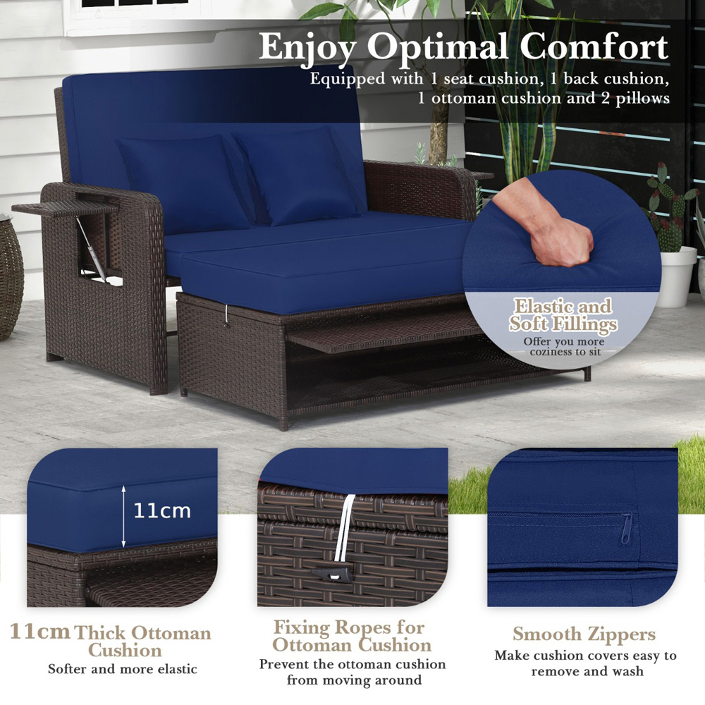 Costway 2 Seater Ratan Wicker Blue Loveseat Sofa with Ottoman and Side Tray Image 8