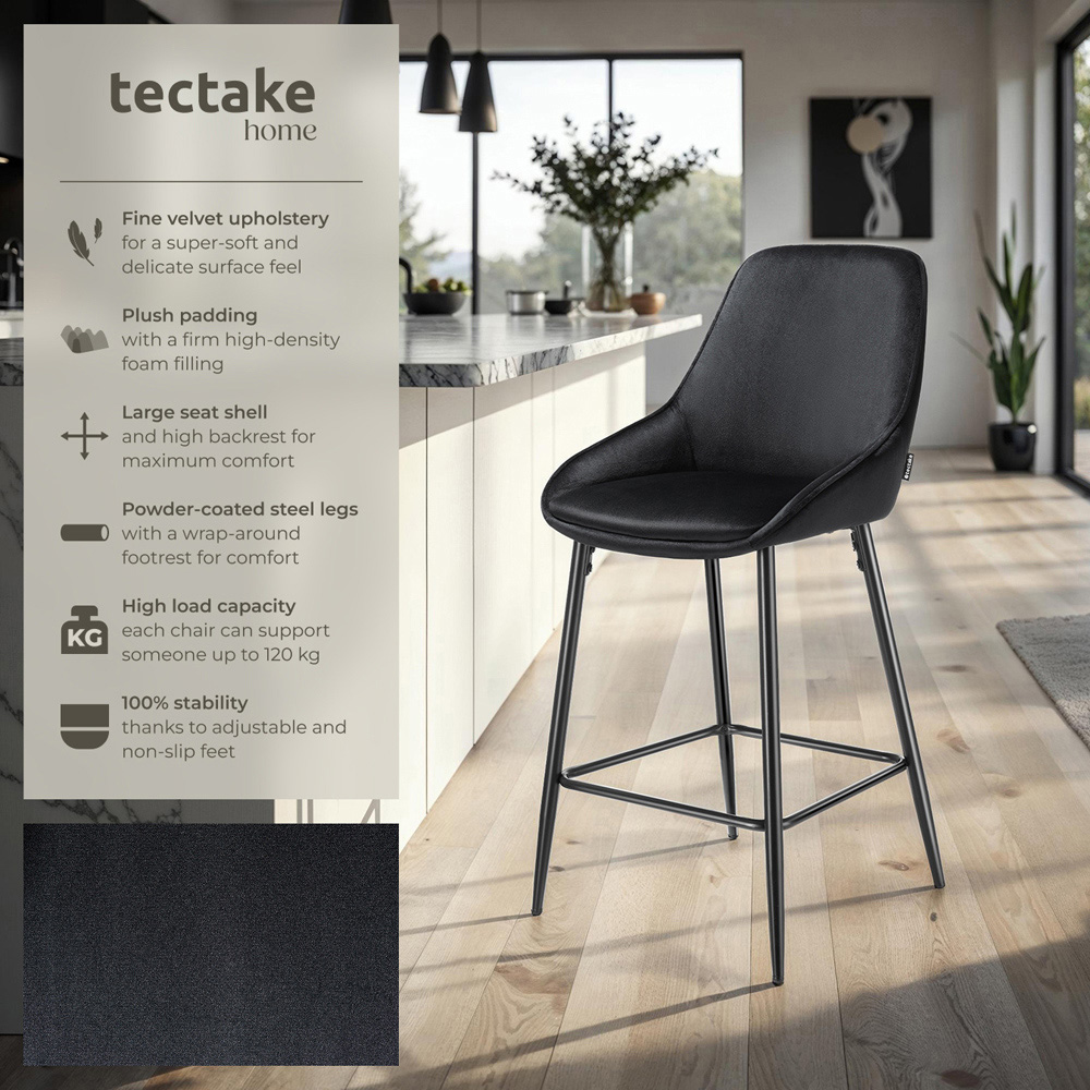 tectake Siera Black Velvet Look Bar Stool Set of 2 Image 7