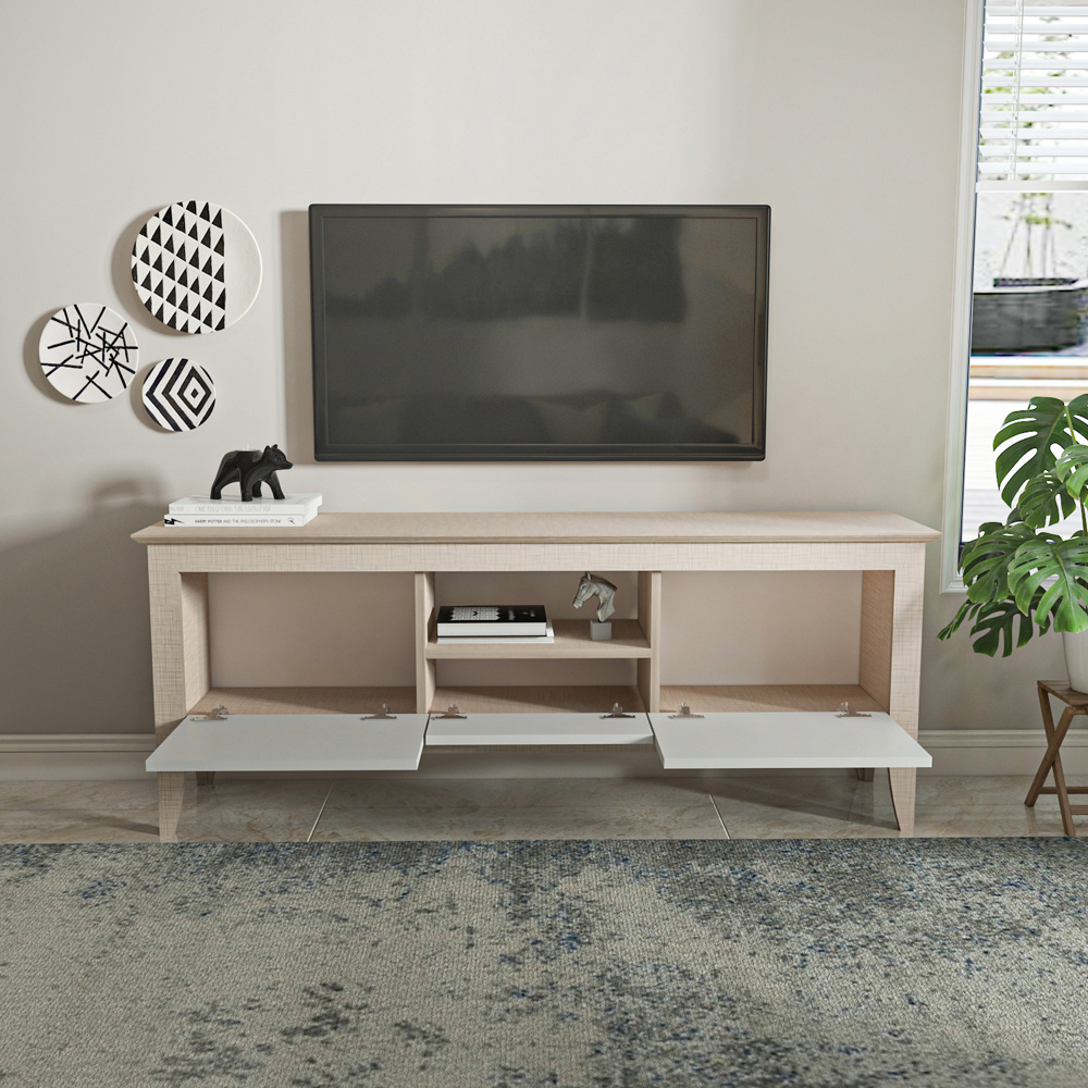 Decorotika Verde 3 Door Single Shelf Beige and White TV Unit Image 4
