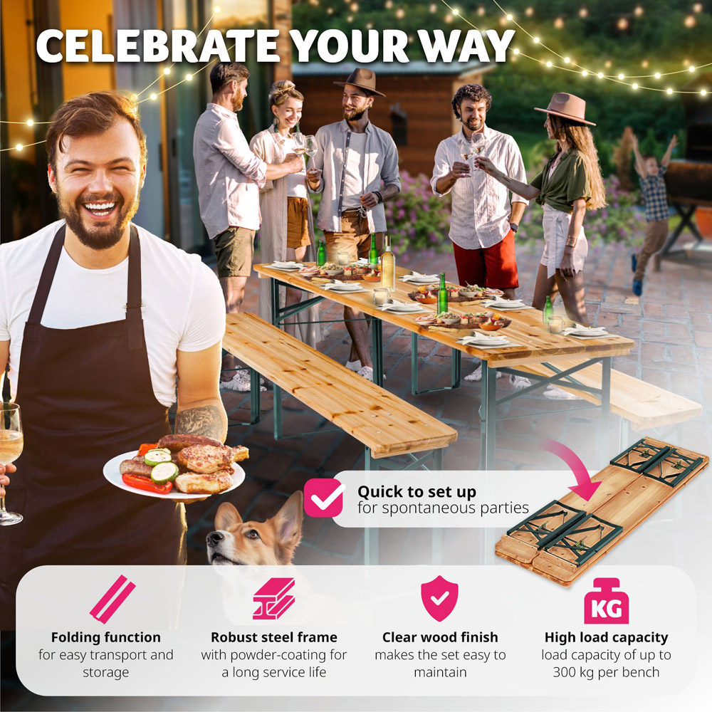 tectake 8 Seater Folding Dining Table with Bench Set Brown Image 5