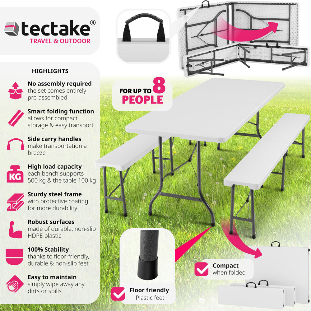 tectake 4 Seater White Foldable Camping Table and Bench Set Image 3