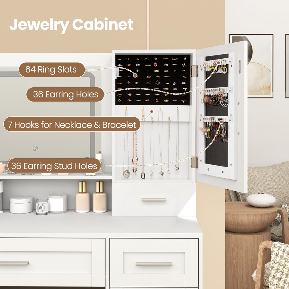 Costway Farmhouse White Dressing Table and Stool Set with Charging Station and LED Mirror Image 5