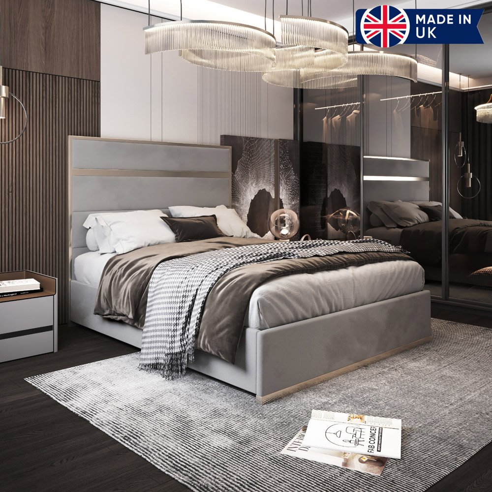Bentley Grey Single Velvet Upholstered Metal Bed Frame with Panelled Headboard Image 6