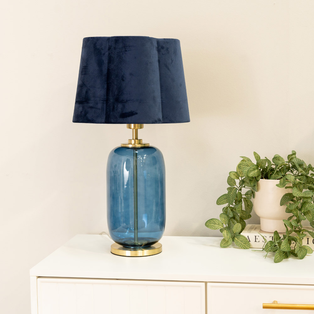 ValueLights Leigh Navy Blue Velvet Scallop Shade Navy Blue Glass LED Table Lamp Image 3