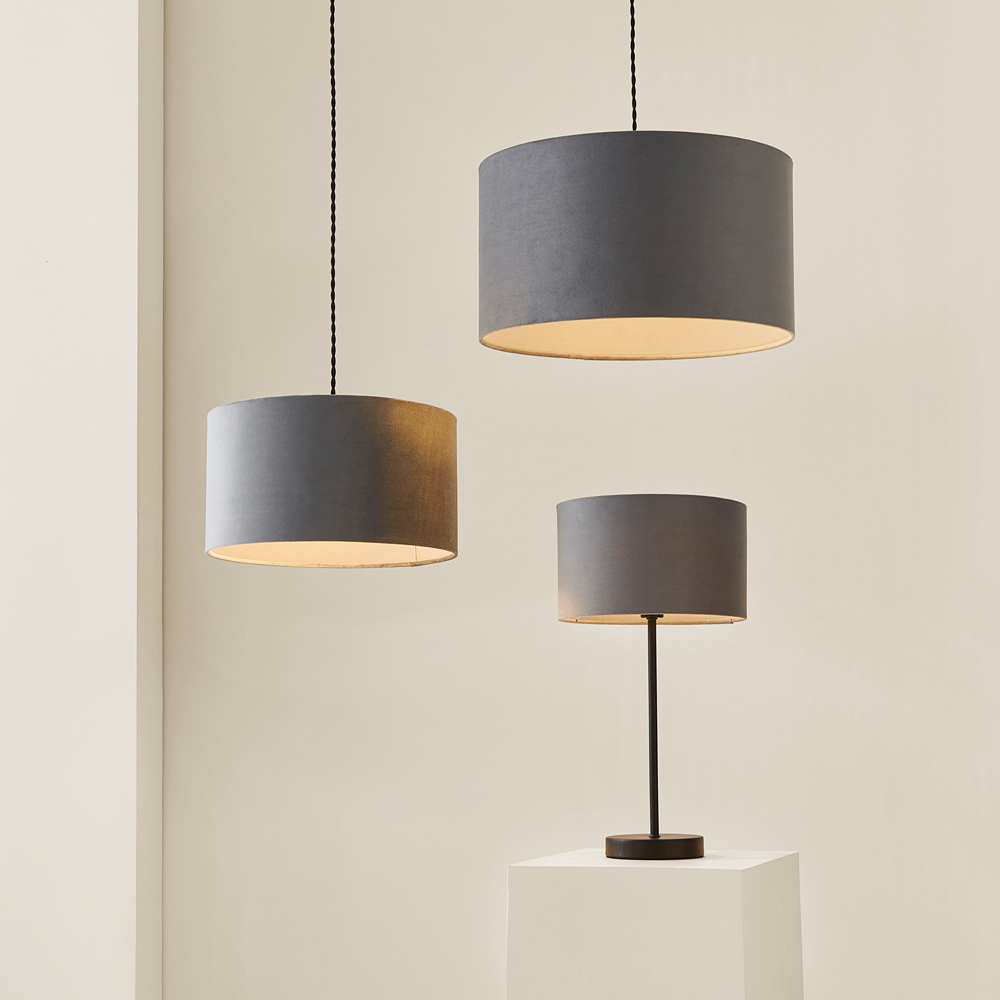 ValueLights Reni Grey Velvet Ceiling Drum Lamp Shade Medium Image 7