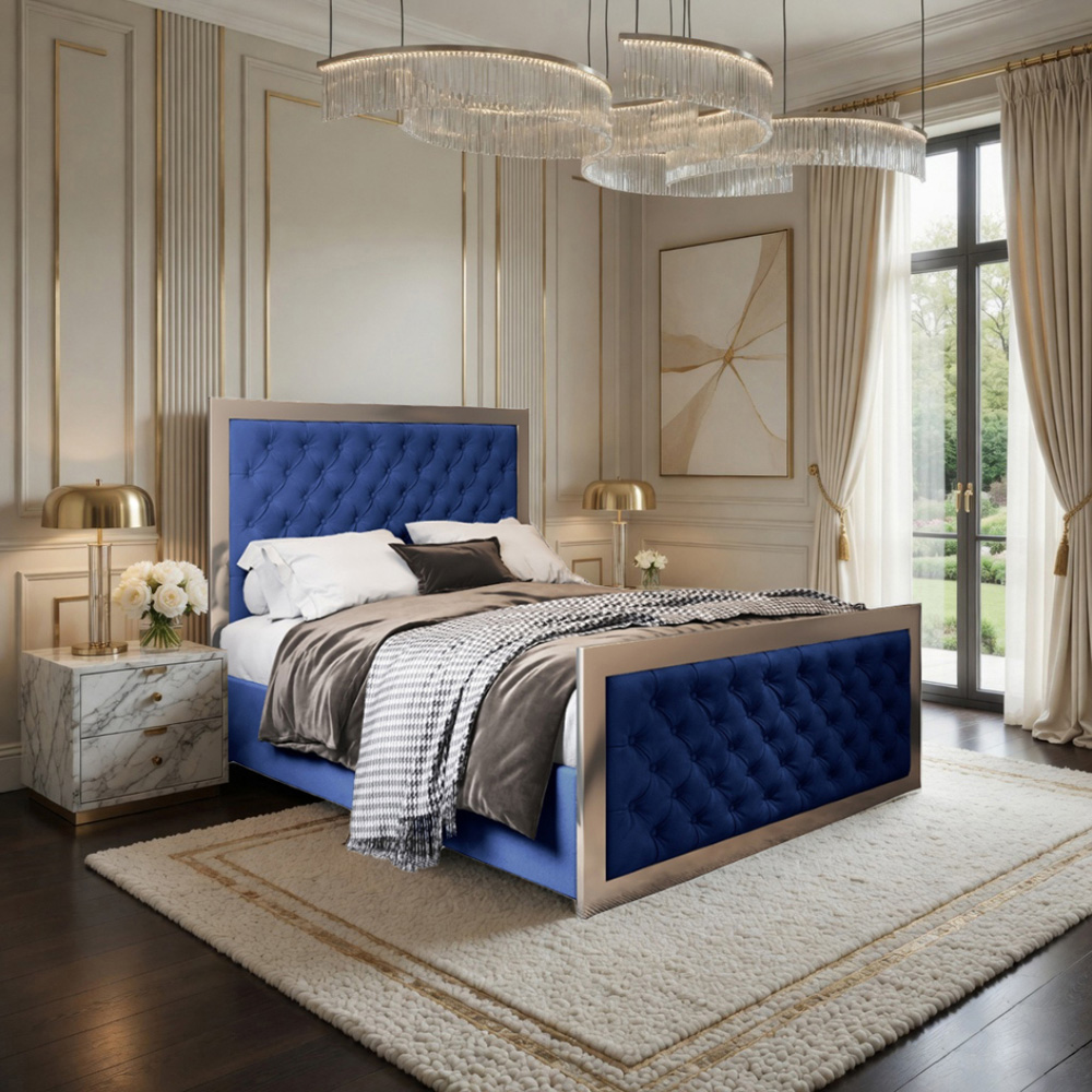 Maddison Blue Double Velvet Upholstered Metal Bed Frame with Padded Headboard Image 5
