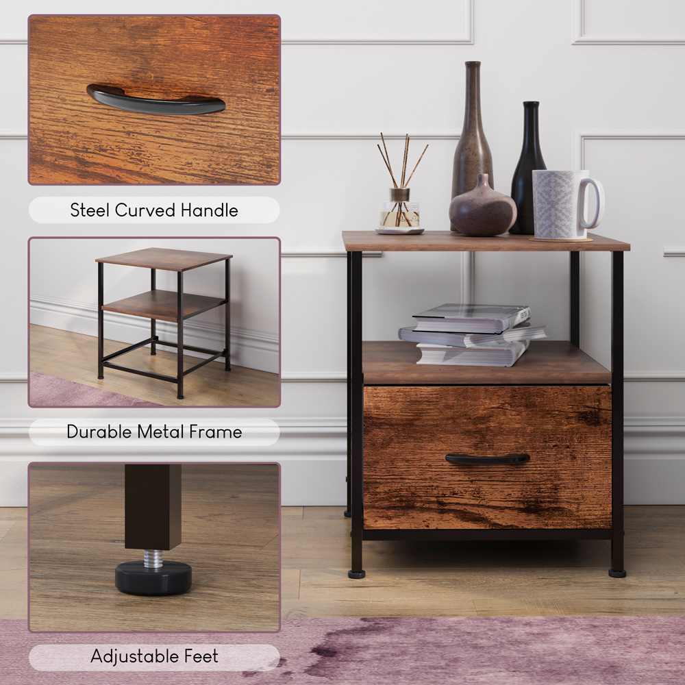 Vida Designs Chorley Single Drawer Single Shelf Rustic Brown Fabric Bedside Table Image 6